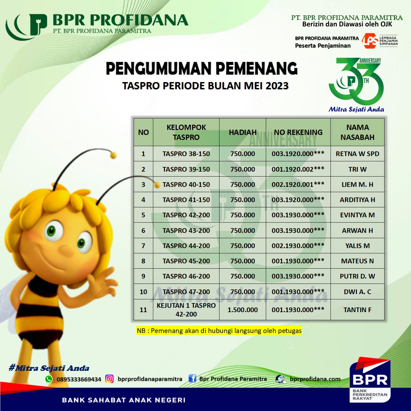 PEMENANG TABUNGAN TASPRO PERIODE MEI 2023